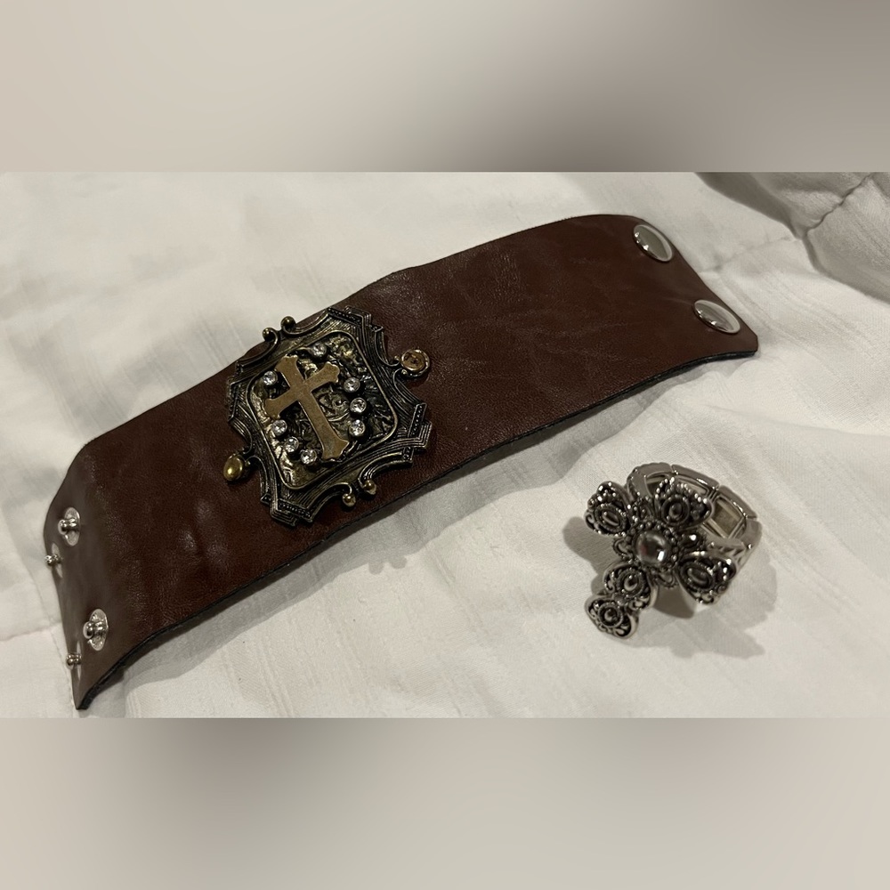 Faux leather cuff bracelet with cross & adjustable cross ring